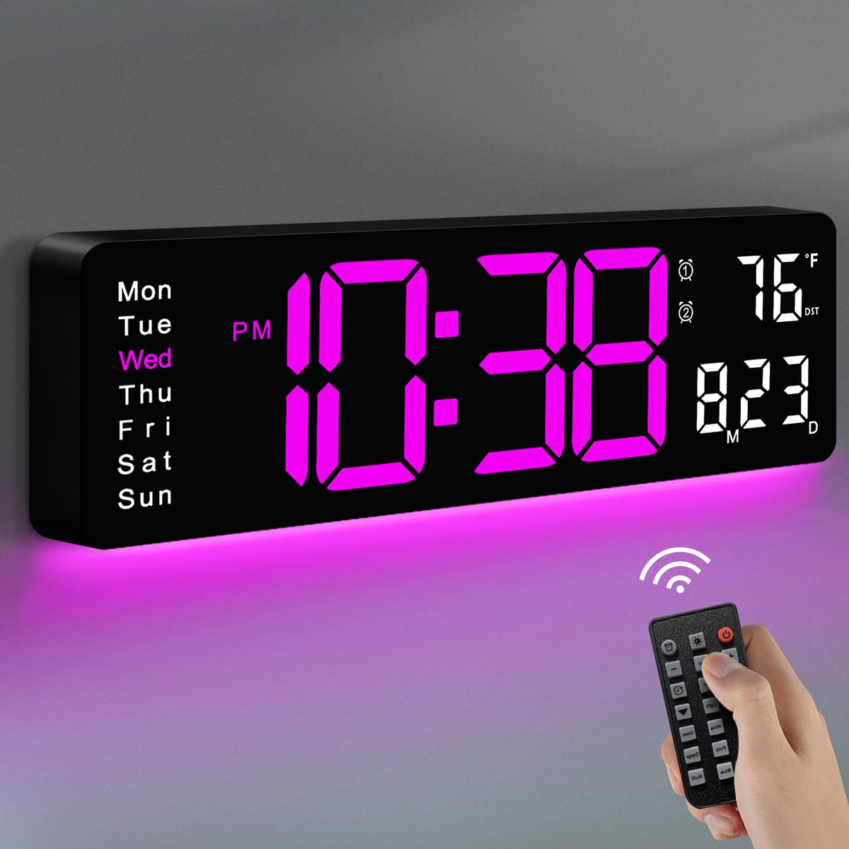 MASHI Digital Wall Clock, 16" Large Display Digital Clock with Remote Control, Auto-Dimming Wall Clock with Night Light, DST, Date Week,Temp for Living Room, Bedroom, Decor, for Elderly