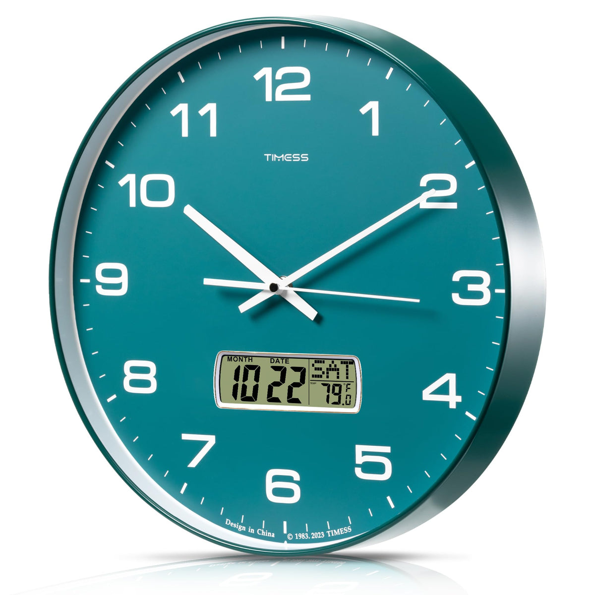 TIMESS 10-Inch Non-Ticking Analog Wall Clock with LCD Display, Blue