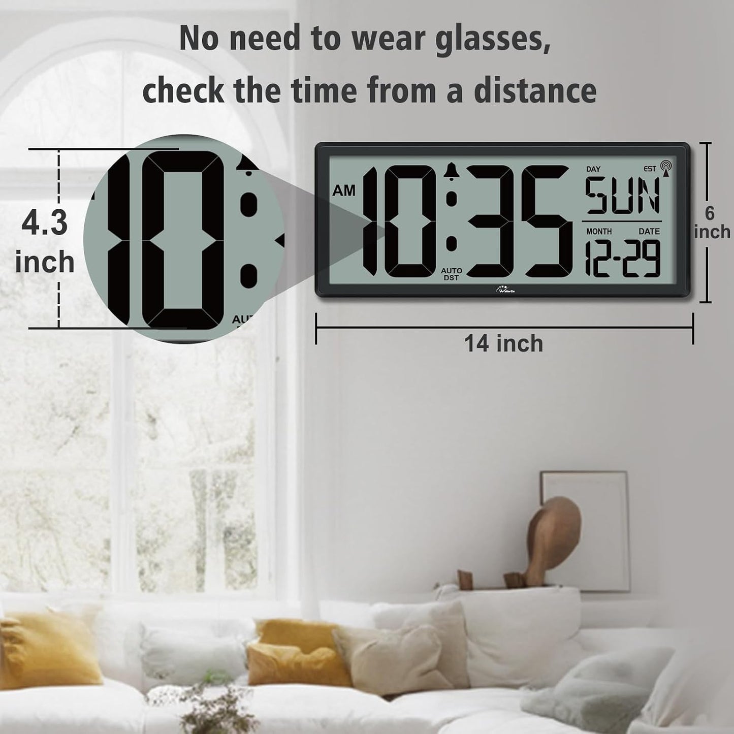 WallarGe 14.5'' Atomic Digital Wall Clock Battery Operated with Backlight