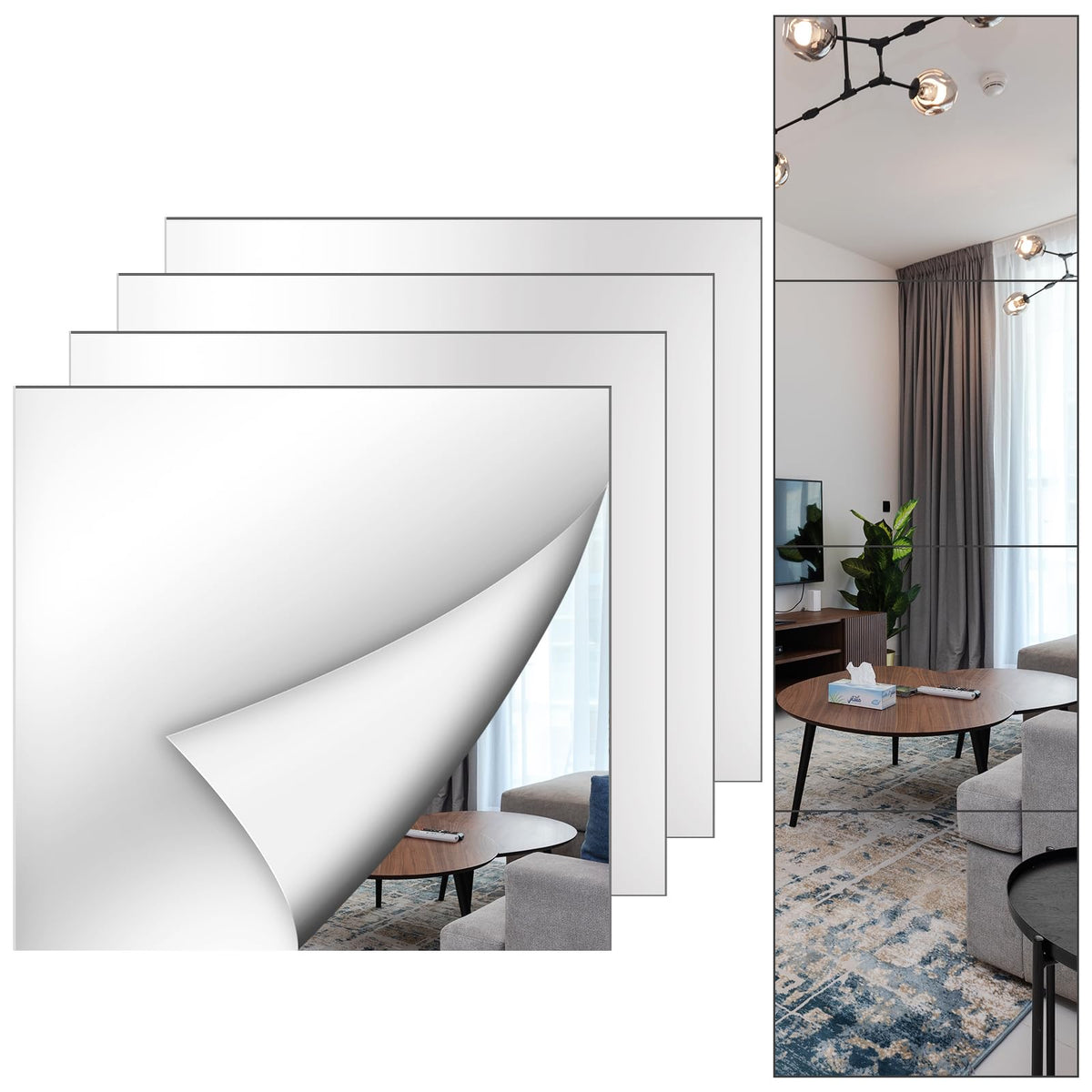 Shiftshade 4 Pack Wall Mirror Full Length, 12 x 12 Inch Acrylic Mirror Tiles, Shatterproof Flexible Plastic Mirror Sheets for Bedroom Home Gym Door