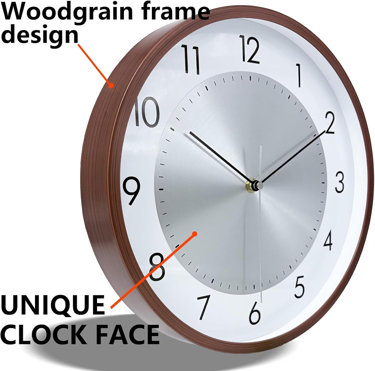 12 Inch Woodgrain Silent Wall Clock, Wall Clocks Battery Operated with Large Numbers, Non Ticking Analog Decorative Wall Clocks for Living Room Bedroom Office Gym Kitchen Outdoor Clock, Brown