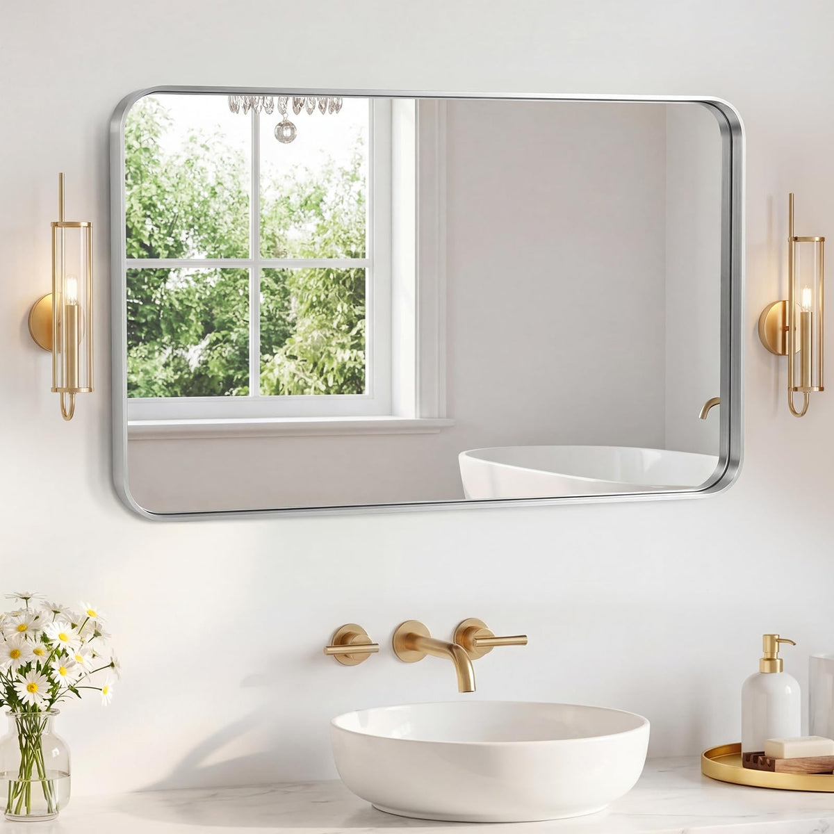NEWBULIG 20X30 Inch Arched Bathroom Wall Mirror for Over Sink, Gold