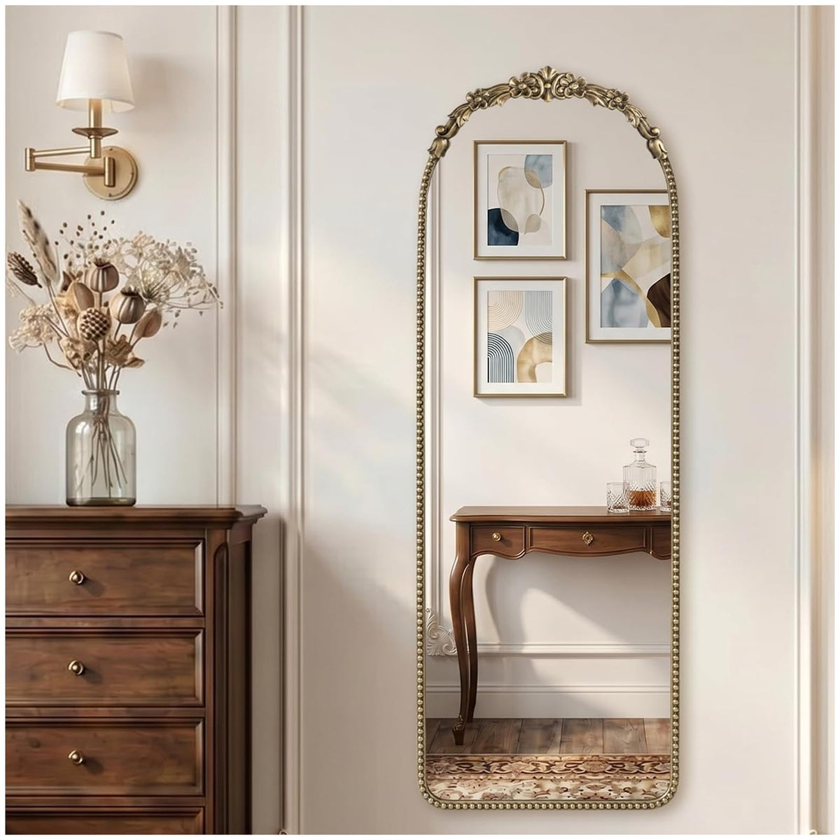 Antique Gold Arched Wall Mirror, 36" x 28" Beaded Mirror