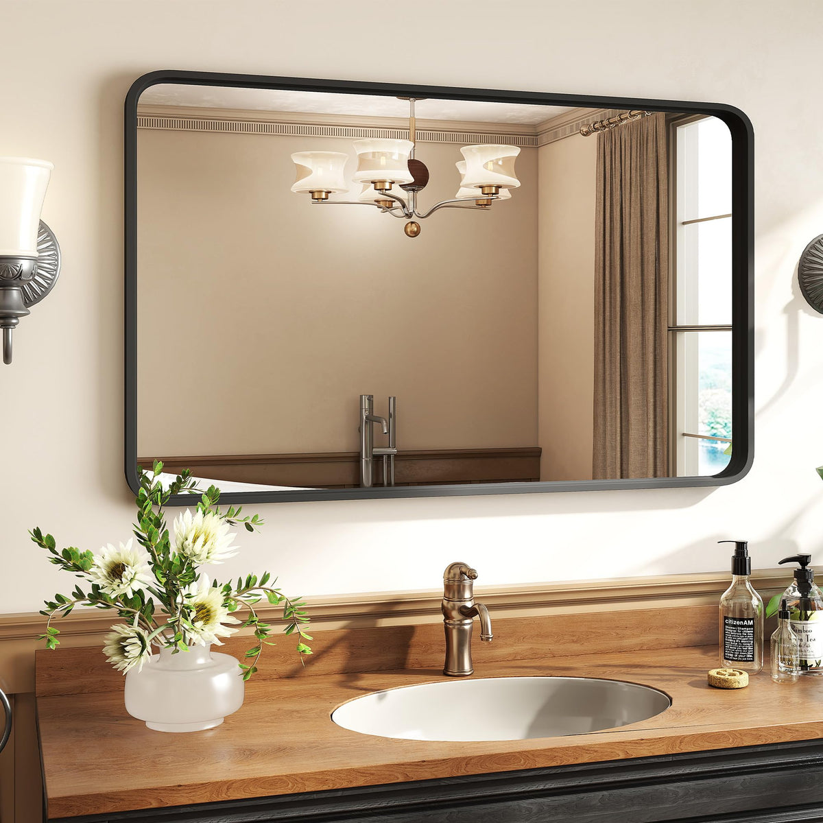 Bathroom Mirror for Wall, 30x22 Inch Rectangle Mirror, Matte Black Metal Framed Bathroom Vanity Mirror for Restroom Farmhouse, Anti-Rust, Tempered Glass, Horizontally or Vertically Hanging