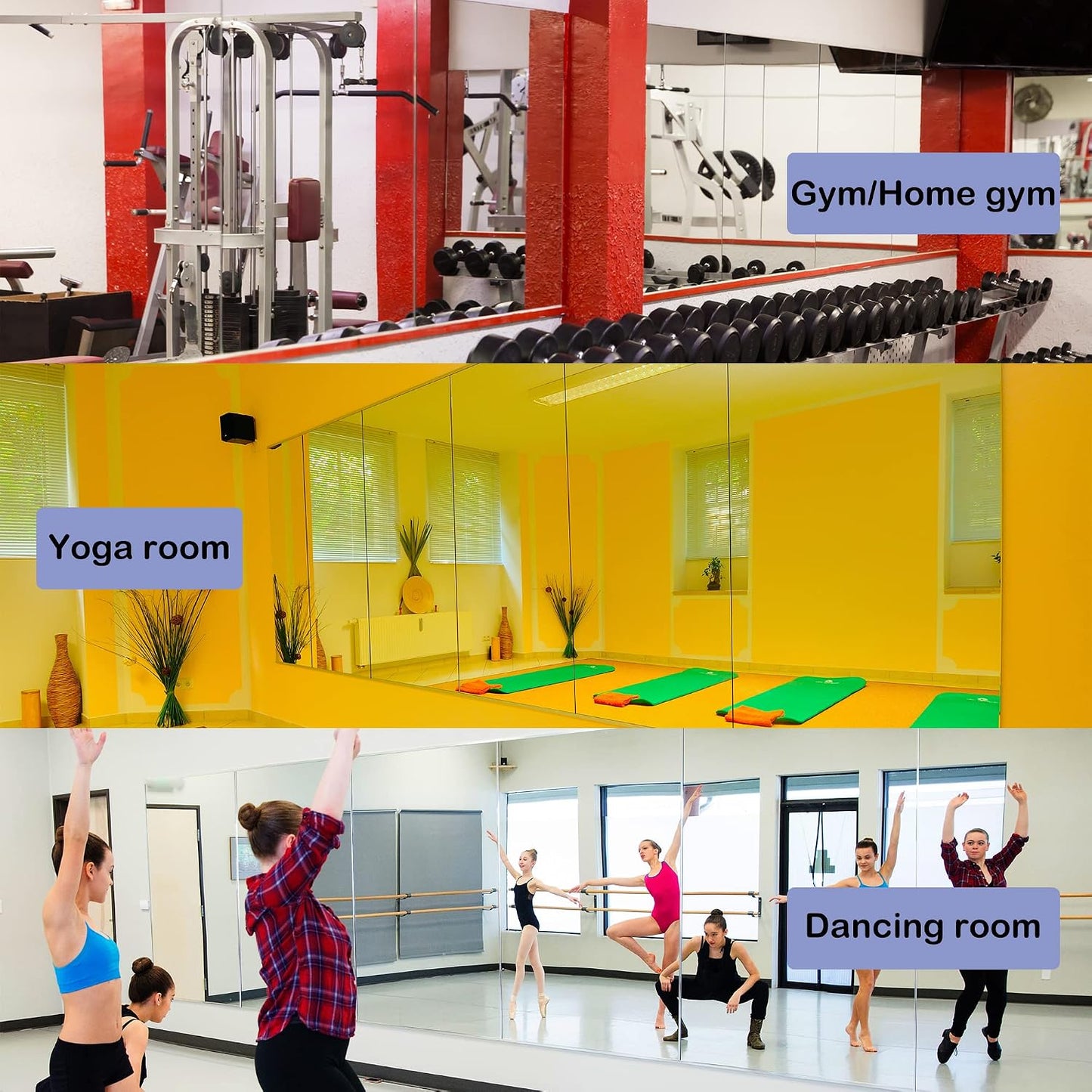 Home Gym Mirror 48"x24" 3PCS, Wall Mounted Frameless Tempered Glass Mirror