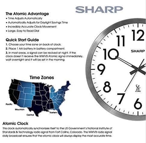 Sharp 12-Inch Atomic Wall Clock, Battery Operated, Silver Brushed Finish