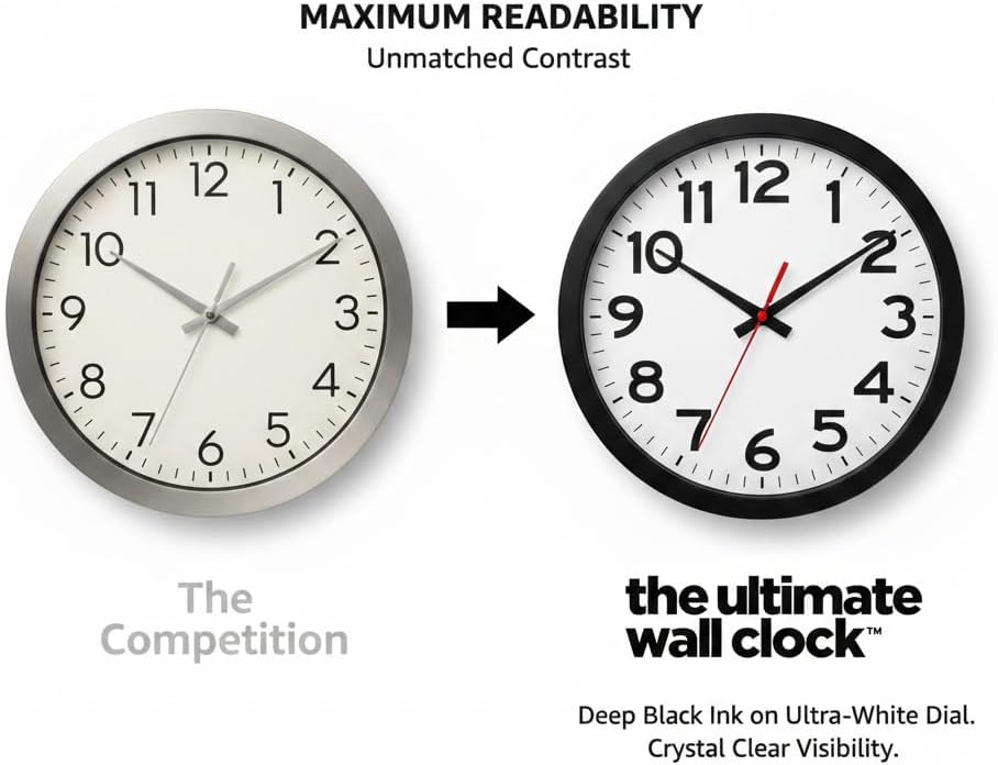 Ultimate Wall Clock 14" Quartz Wall Clock, Black, Easy-to-Read Display