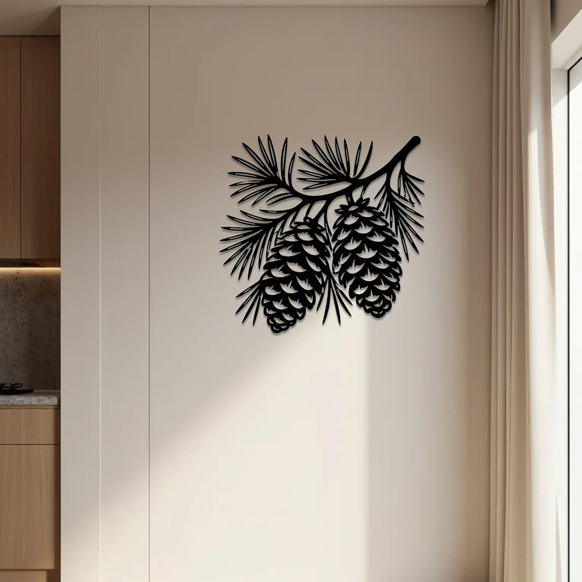 Pine Cones Branch Metal Wall Art Metal Outdoor Decor Metal Signs Wall Art Decor Rustic Farmhouse Artwork Metal Sculpture Stunning Home Decoration for Living Room Bedroom Apartment Office Garden (Black,12 Inches)