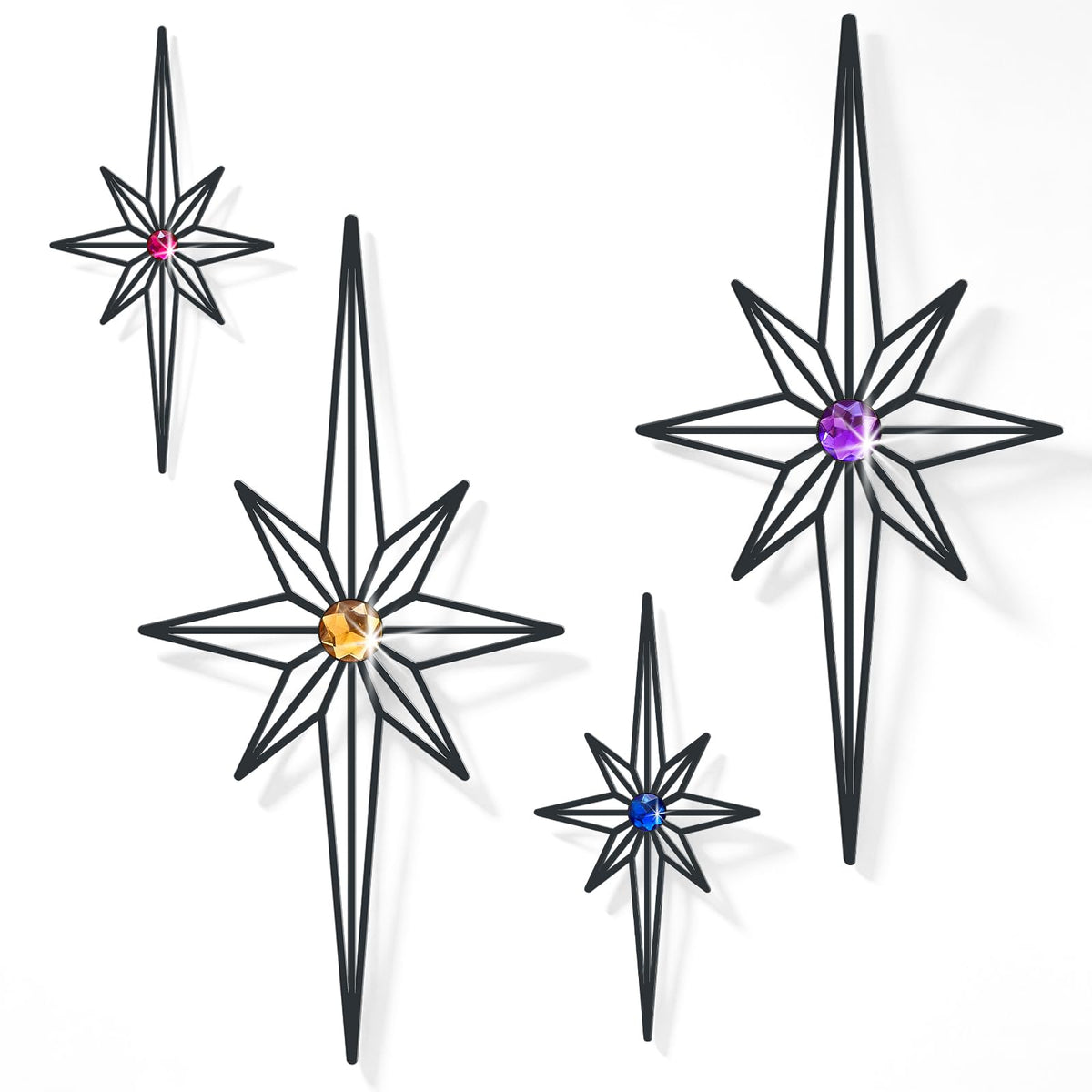 sxnzequnze 4 Pcs Star Wall Art for Home Decor Living Room Bedroom Office Metal 3D,Bling,with Hanging Hook Starburst Midcentury Sculpture Retro Gallery Accent Celestial -Gold 16.5in/9.4in