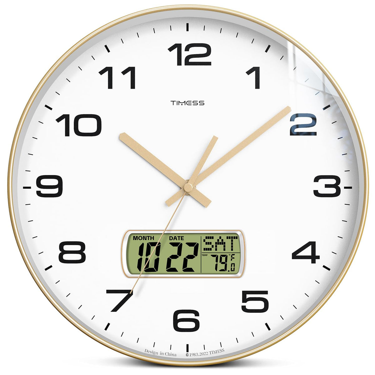 TIMESS Wall Clock, 10" Dial Non-Ticking Silent Battery Operated Analog with LCD Display for Perpetual Calendar and F° Temperature, Ideal Modern Home, Bedroom, Kitchen, Office Decor (Black)