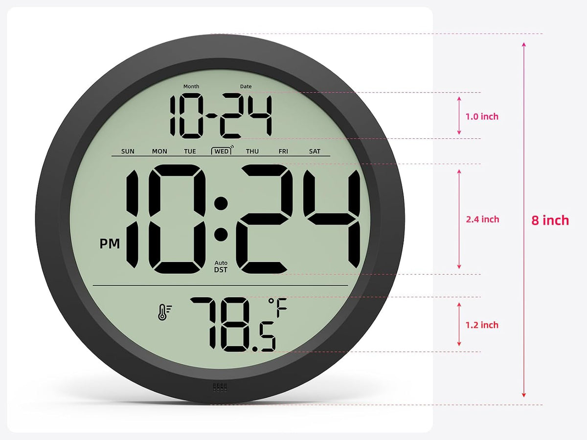 Digital Wall Clock Battery-Operated, 8 Inch Small Decorative Modern Wall Clock with Date, Temperature, Auto-DST, Silent Electric Wall Clock for Bedroom, Living Room, Kitchen, Office, Farmhouse -Black