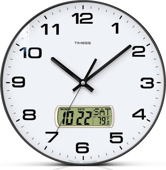 TIMESS Wall Clock, 10" Dial Non-Ticking Silent Battery Operated Analog with LCD Display for Perpetual Calendar and F° Temperature, Ideal Modern Home, Bedroom, Kitchen, Office Decor (Black)