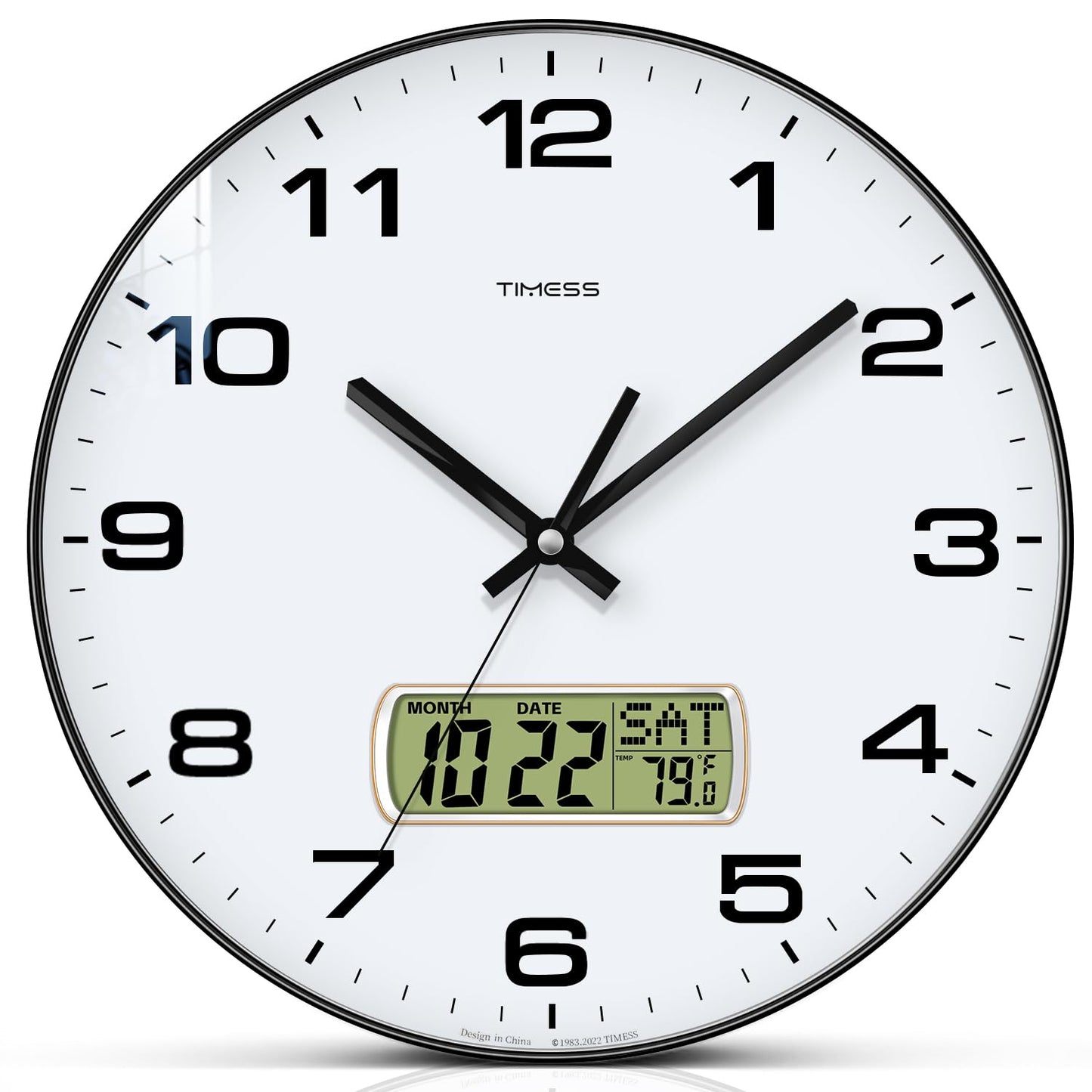 TIMESS Wall Clock, 10" Dial Non-Ticking Silent Battery Operated Analog with LCD Display for Perpetual Calendar and F° Temperature, Ideal Modern Home, Bedroom, Kitchen, Office Decor (Black)