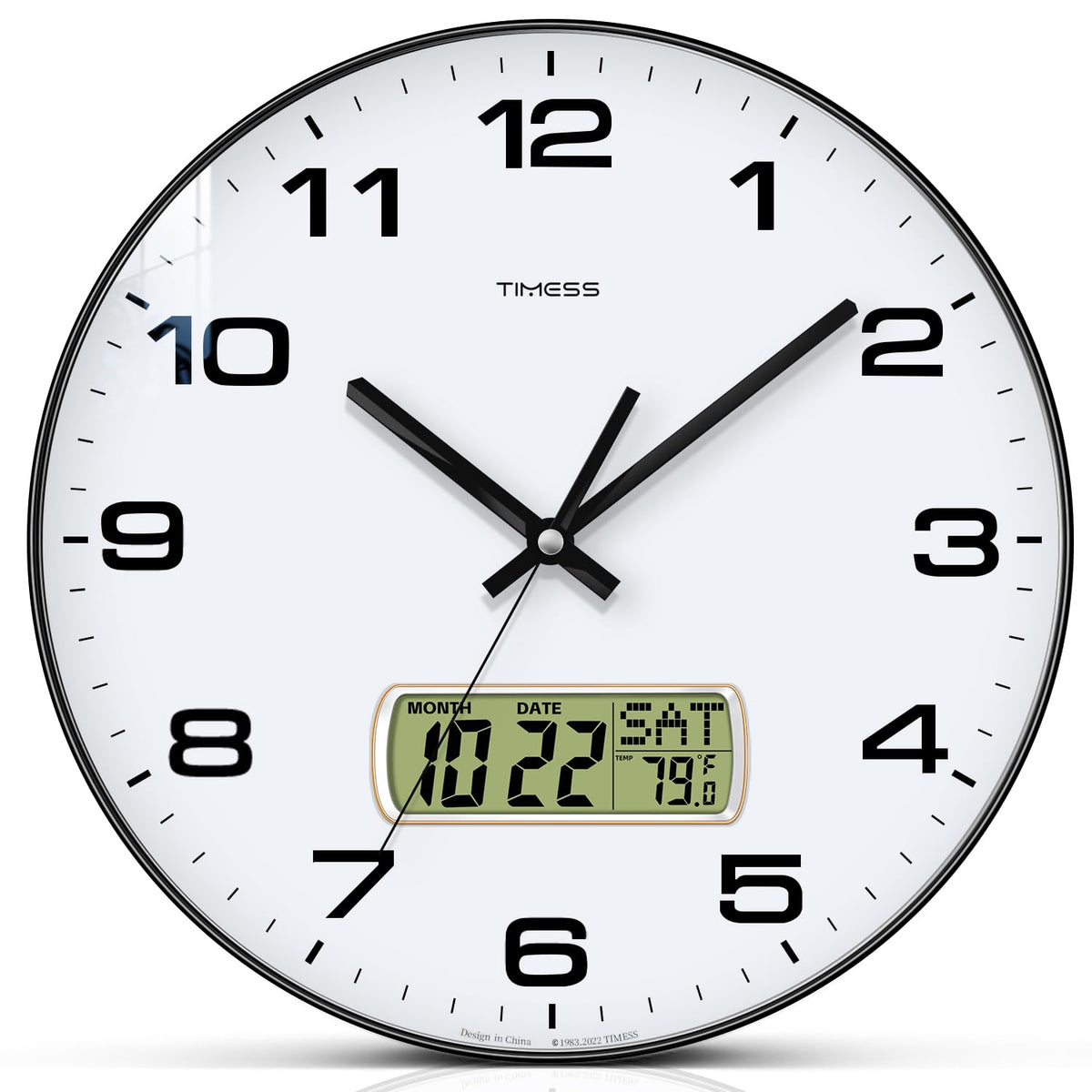 TIMESS 10-Inch Non-Ticking Analog Wall Clock with LCD Display, Blue