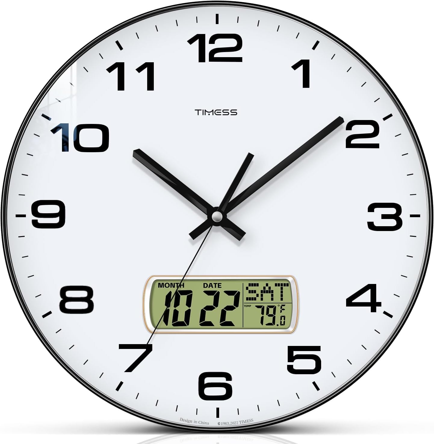 TIMESS 10-Inch Non-Ticking Analog Wall Clock with LCD Display, Blue