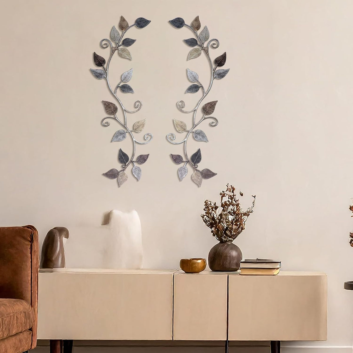 Novabright 2 Pcs Metal Tree Leaf Scroll Wall Art Vine Hanging Decor Bronze