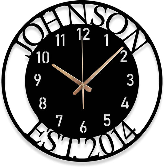 Custom Large Metal Wall Clock, Personalized Last Name and Established Year, Silent Non-Ticking Steel Clock, Family Decor for Living Room, Wedding, Anniversary or Housewarming Gift