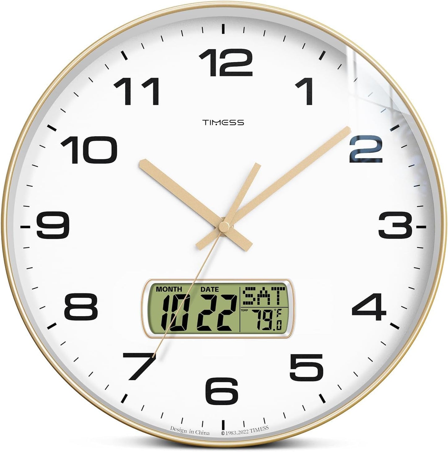 TIMESS Wall Clock, 10" Dial Non-Ticking Silent Battery Operated Analog with LCD Display for Perpetual Calendar and F° Temperature, Ideal Modern Home, Bedroom, Kitchen, Office Decor (Black)