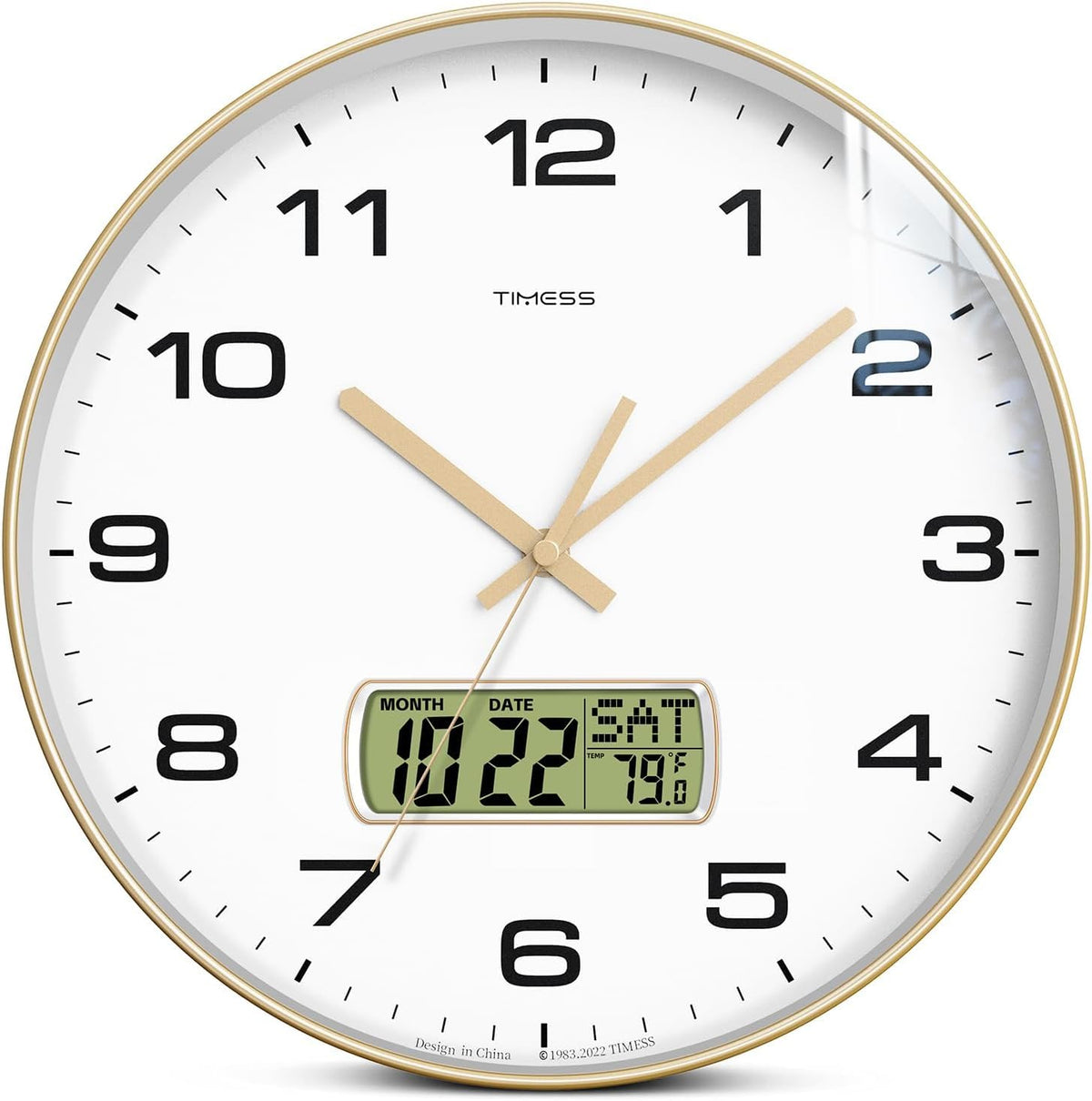 TIMESS 10-Inch Non-Ticking Analog Wall Clock with LCD Display, Blue