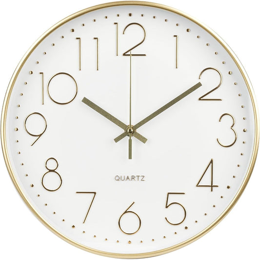Wall Clock 12 Inch Non-Ticking Silent Modern Simple Style Round Decor Clock Gold Stereoscopic Dial Quartz Wall Clocks for Home/Office/School/Living Room/Bedroom/Kitchen