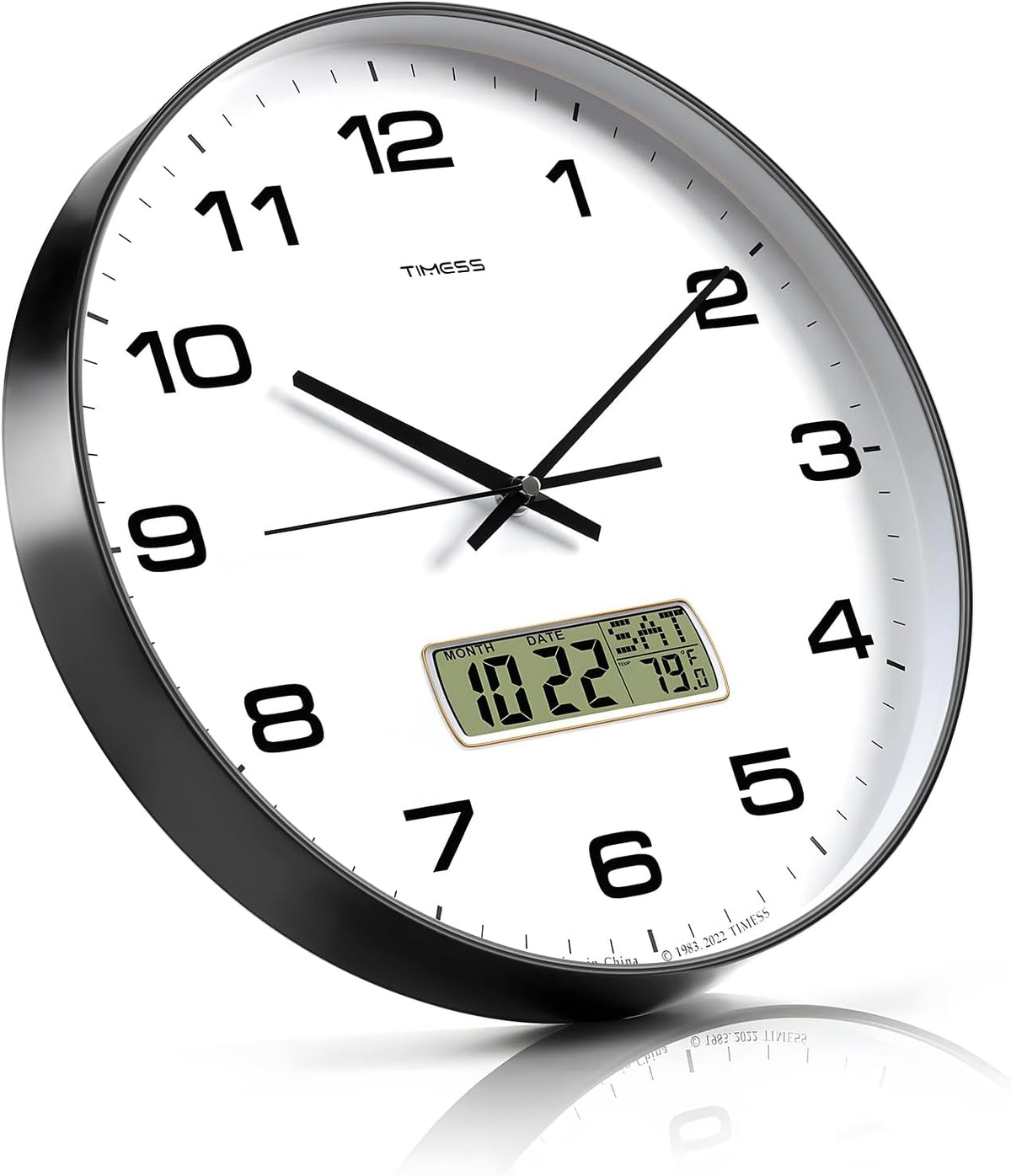 TIMESS Wall Clock, 10" Dial Non-Ticking Silent Battery Operated Analog with LCD Display for Perpetual Calendar and F° Temperature, Ideal Modern Home, Bedroom, Kitchen, Office Decor (Black)