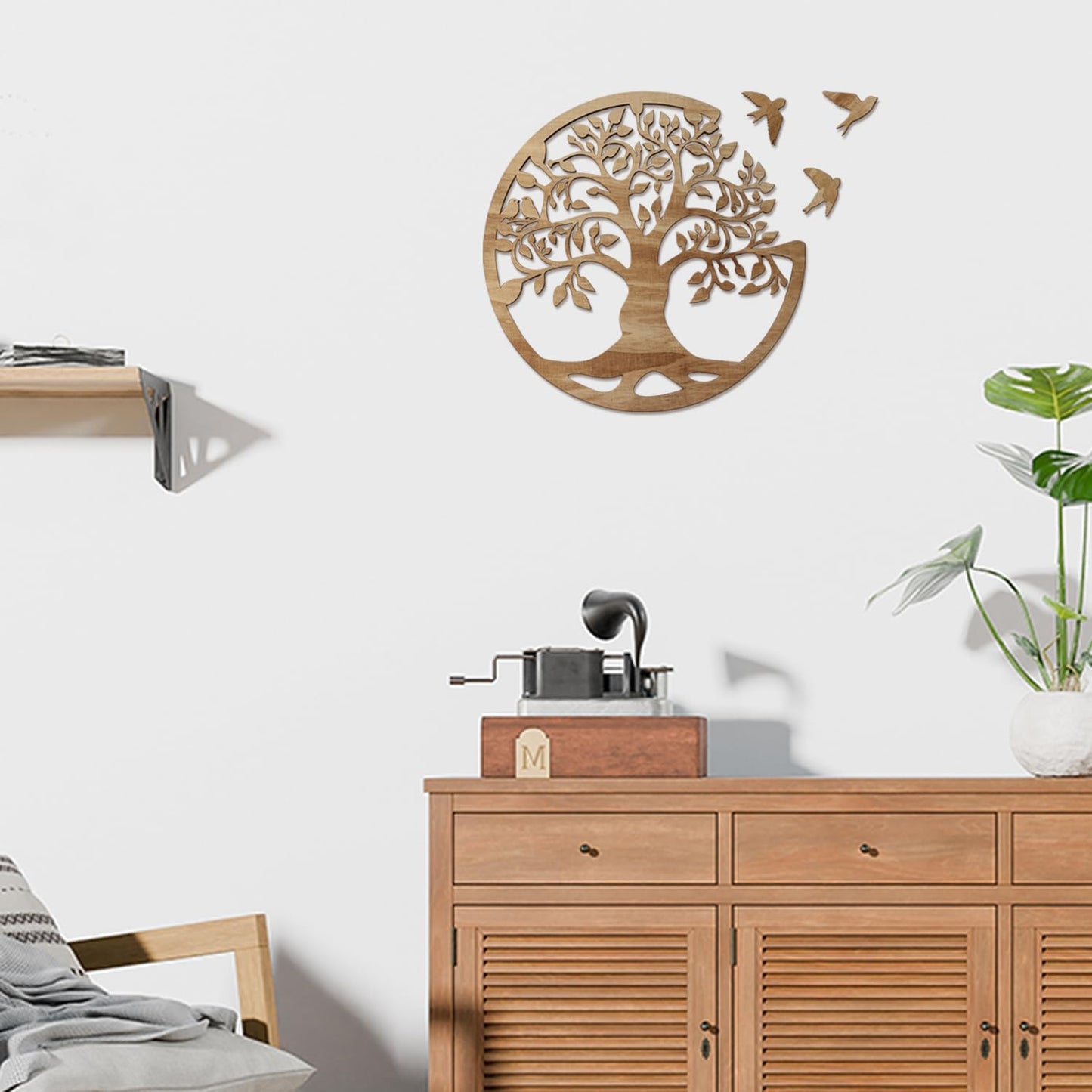 Wooden Tree of Life Wall Art 12 Inch Round Tree Life Wall Decor with 3 Bird