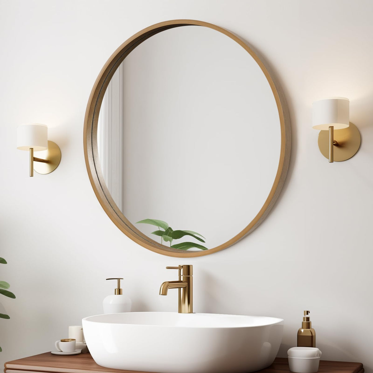 WallBeyond Round Wood Mirror 24 inch Circle Wall Mirror for Bathroom Round Wall Mirror for Wall Decor, Vanity, Entryway Living Room (Natural)