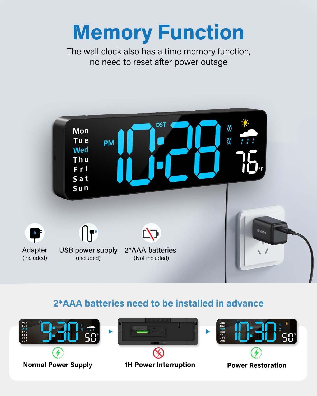 Digital Wall Clock, Digital Clock Large Display with Remote Control, Corded LED Alarm Clocks with Date, Week, Temp, Humidity, Auto DST, Countdown, for Living Room Bedroom Classroom Office (Blue)