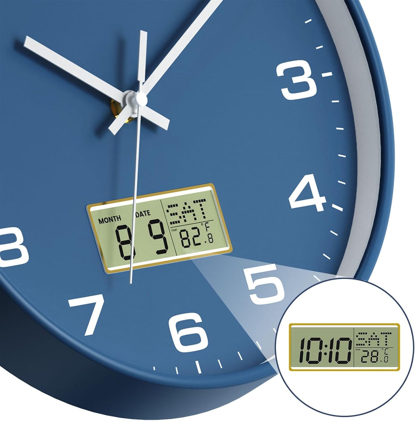 12 Inch Wall Clock, Silent Non-Ticking Analog with LCD Display, Battery Operated, Perpetual Calendar, Date, Weekday & Temperature (°C/°F), Tempered Glass for Living Room, Bedroom, Kitchen, Office
