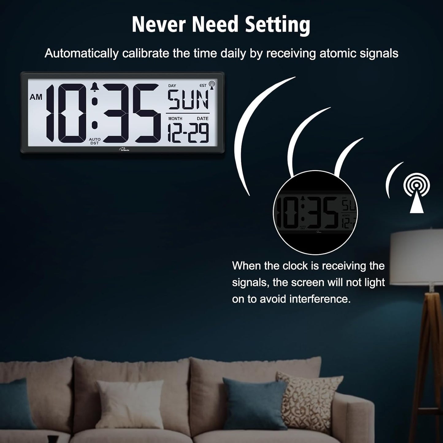 WallarGe 14.5'' Atomic Digital Wall Clock Battery Operated with Backlight