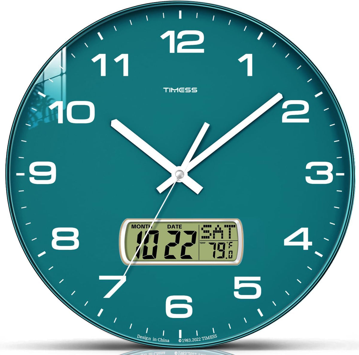 TIMESS 10-Inch Non-Ticking Analog Wall Clock with LCD Display, Blue