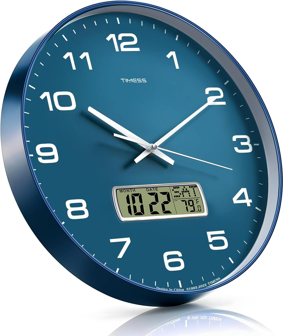 TIMESS 10-Inch Non-Ticking Analog Wall Clock with LCD Display, Blue