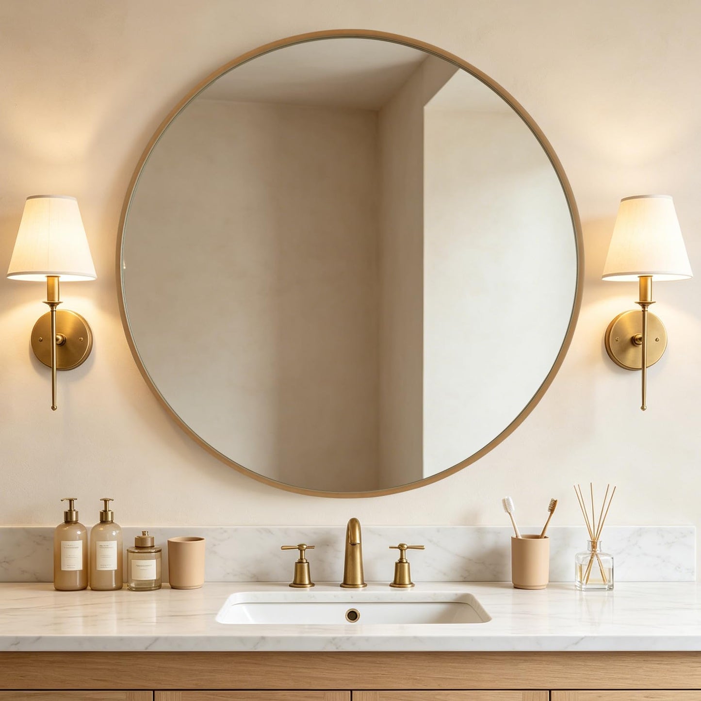 WallBeyond Round Wood Mirror 24 inch Circle Wall Mirror for Bathroom Round Wall Mirror for Wall Decor, Vanity, Entryway Living Room (Natural)