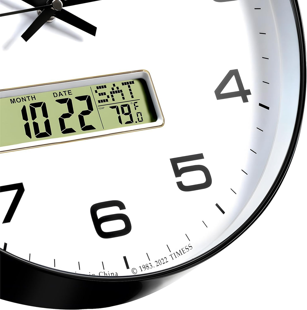 TIMESS Wall Clock, 10" Dial Non-Ticking Silent Battery Operated Analog with LCD Display for Perpetual Calendar and F° Temperature, Ideal Modern Home, Bedroom, Kitchen, Office Decor (Black)
