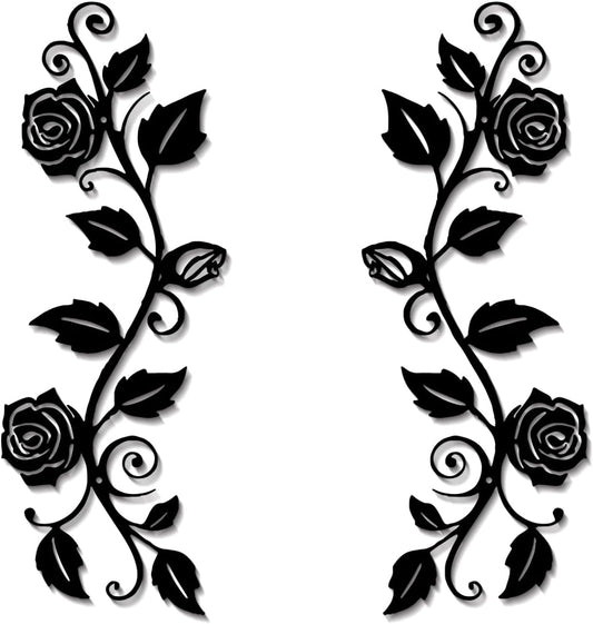 DUOOLN 2 Pcs Metal Rose Tree Leaf Wall Decor, Long Iron Scroll Vine Wall Art Above, Rustic Hanging Sign Flowers Sculpture, For Above Door Living Room Office Indoor And Outdoor Decoration - Black