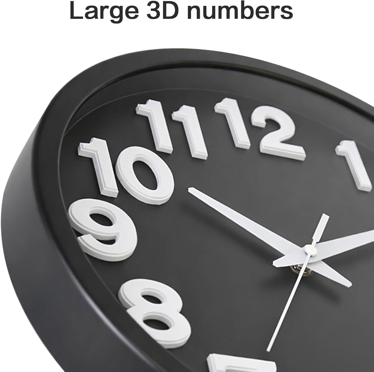 Caysie 12 Inch Large 3D Numbers Silent Non Ticking Wall Clock, Modern Quartz Battery Operated Round Clock, Decorative for Kitchen, Bedroom, Living Room, Office (Black)