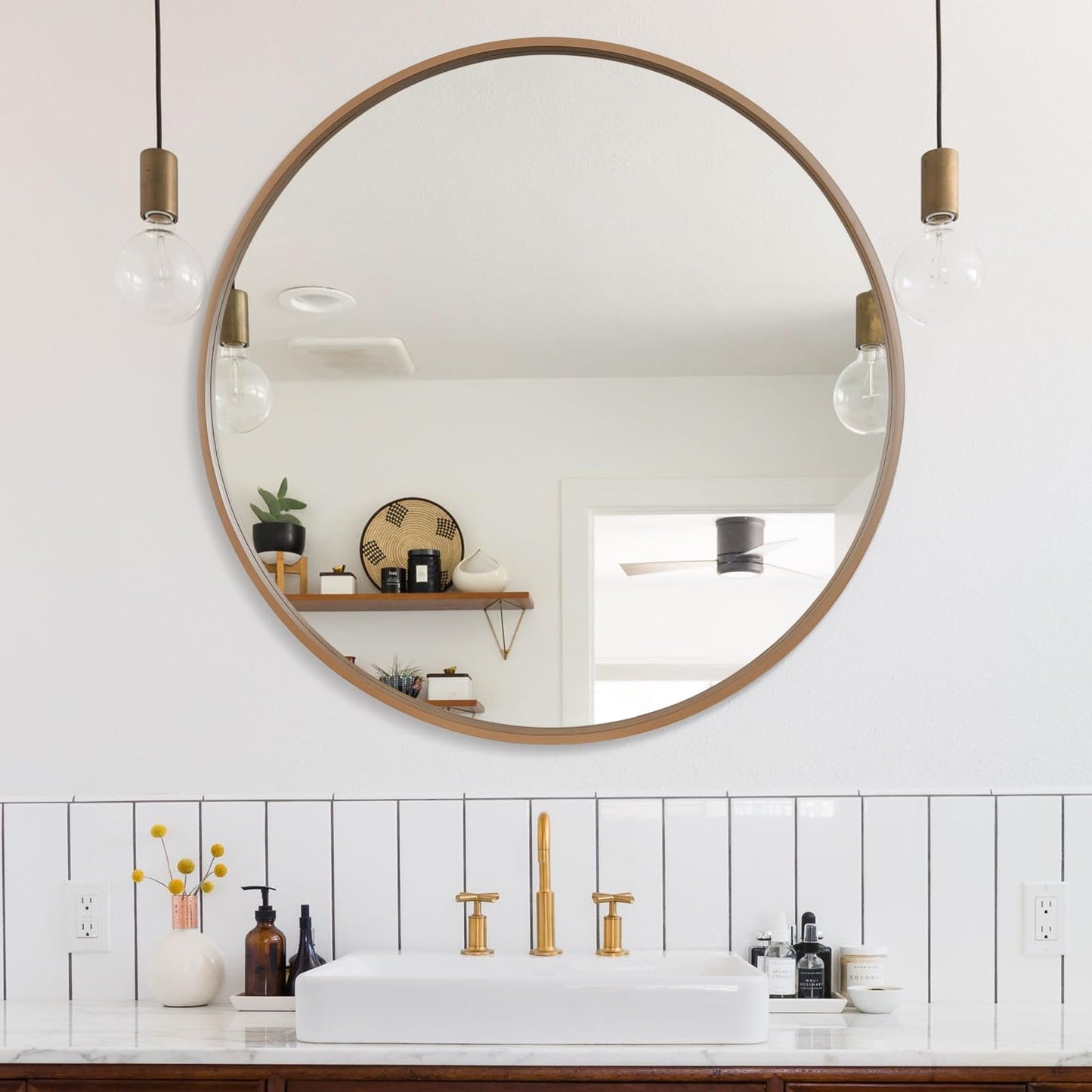 WallBeyond Round Wood Mirror 24 inch Circle Wall Mirror for Bathroom Round Wall Mirror for Wall Decor, Vanity, Entryway Living Room (Natural)