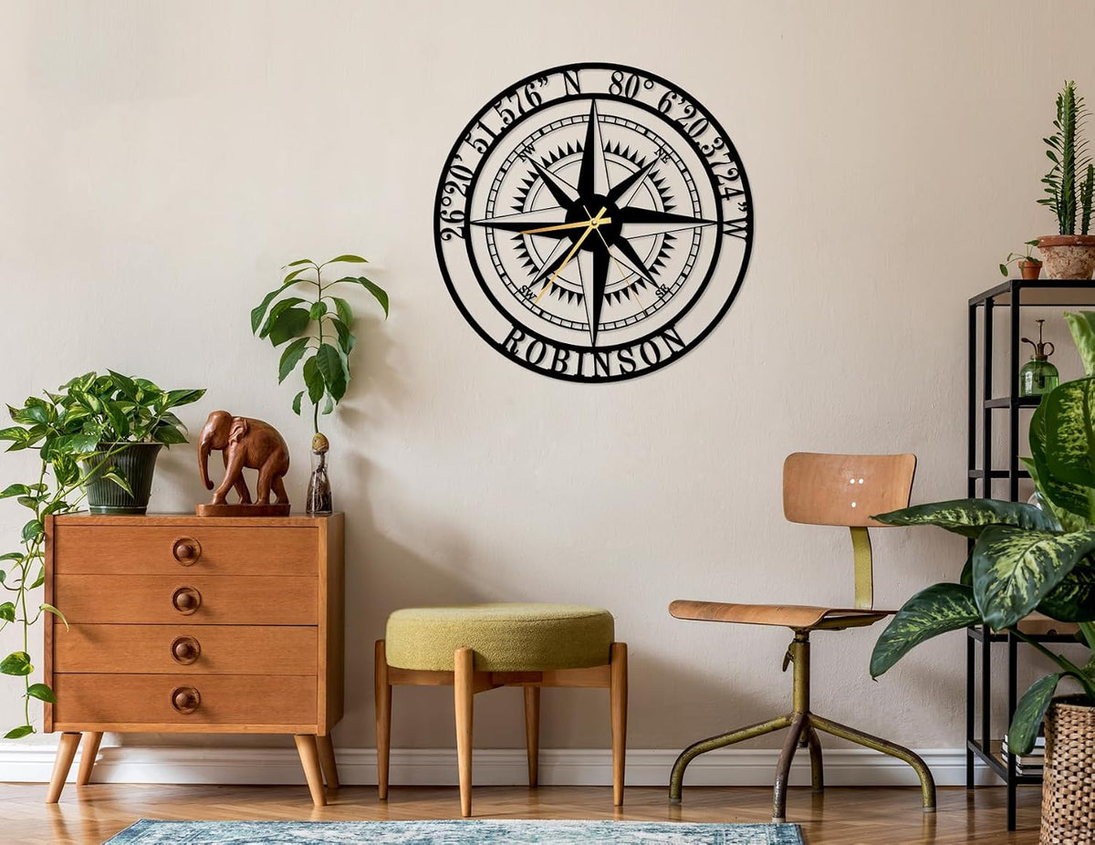 Custom Compass Wall Clock Metal Sign Clock Latitude Longitude House Gift