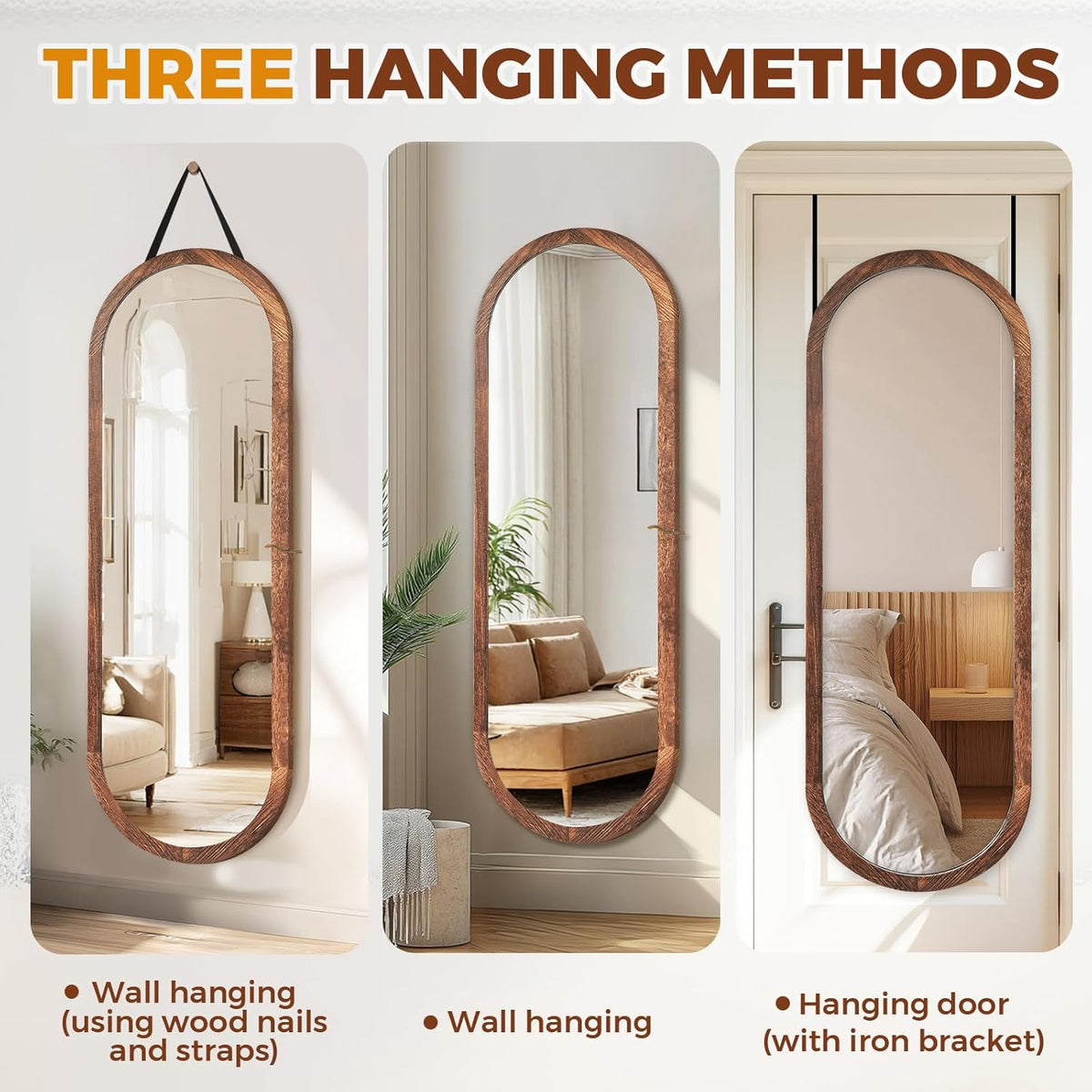 48x16in Oval Full Length Mirror Solid Wood Frame, Brown