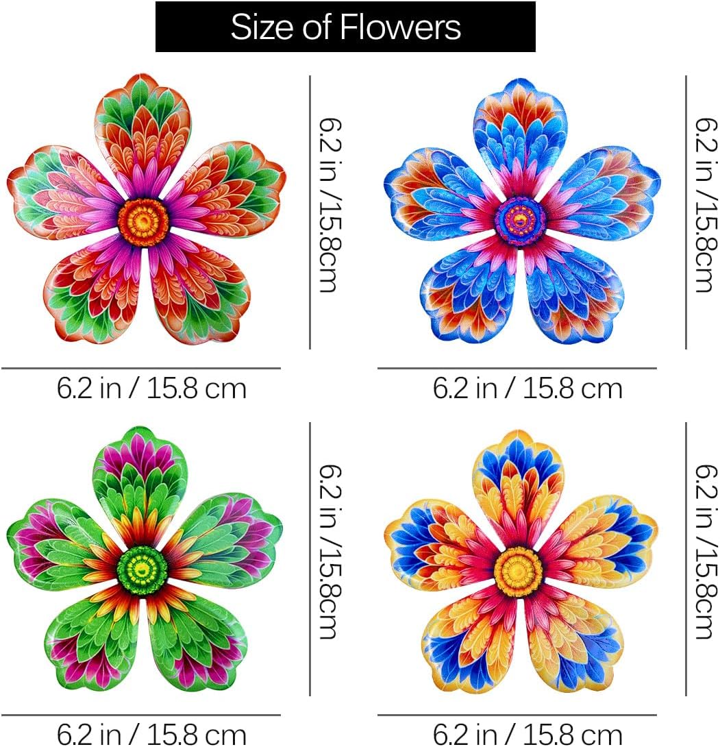 Giyyomtr Metal Flowers Wall Decor - 4pcs 6.2'' Metal Wall Art Hanging Decorations for Outdoor Fence Garden Yard Patio Exterior Home Wall Decor