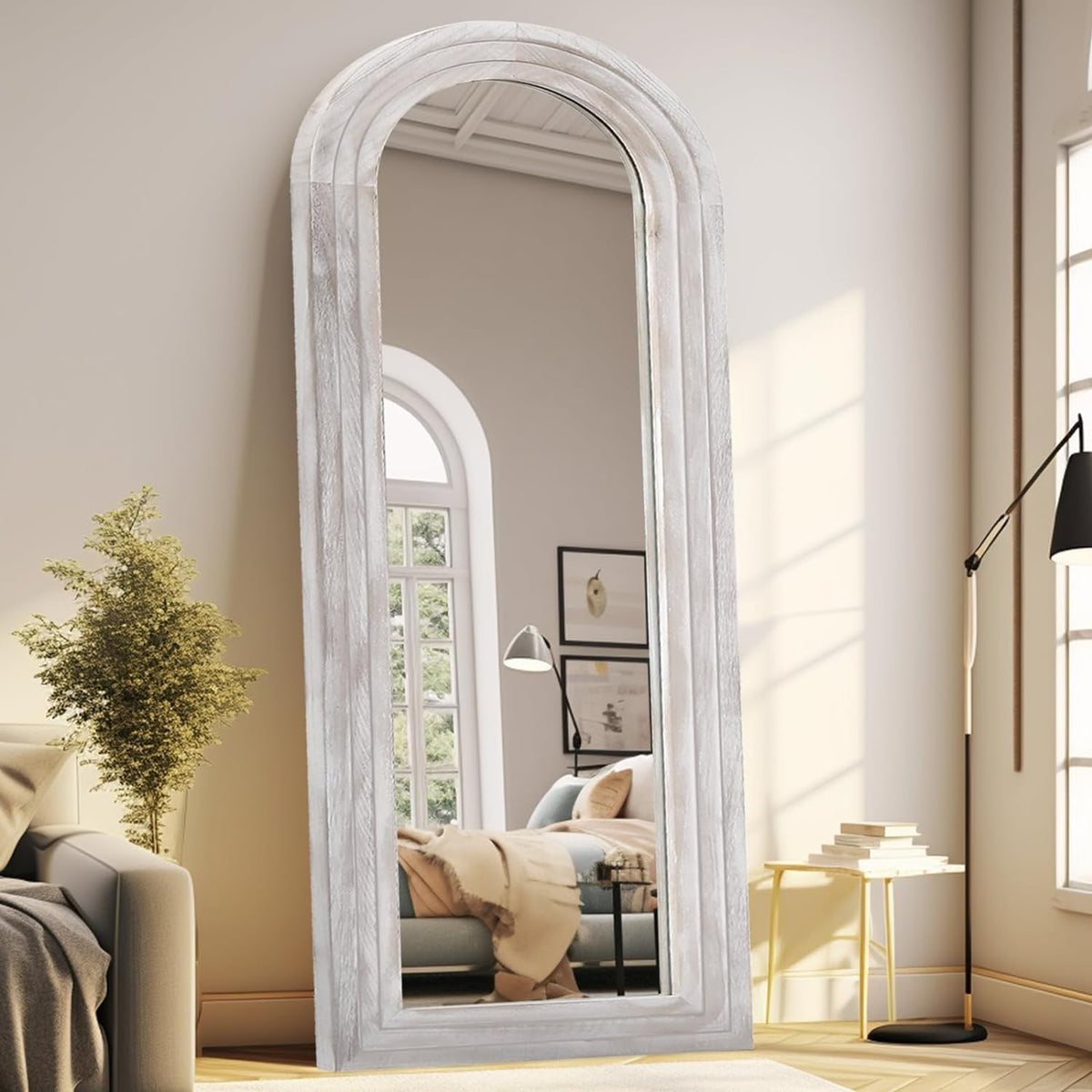 ZHUNFA Arched Full Length Mirror with Solid Wood Frame