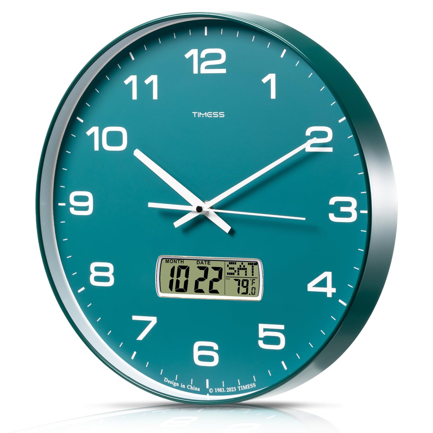 TIMESS 10-Inch Non-Ticking Analog Wall Clock with LCD Display, Blue