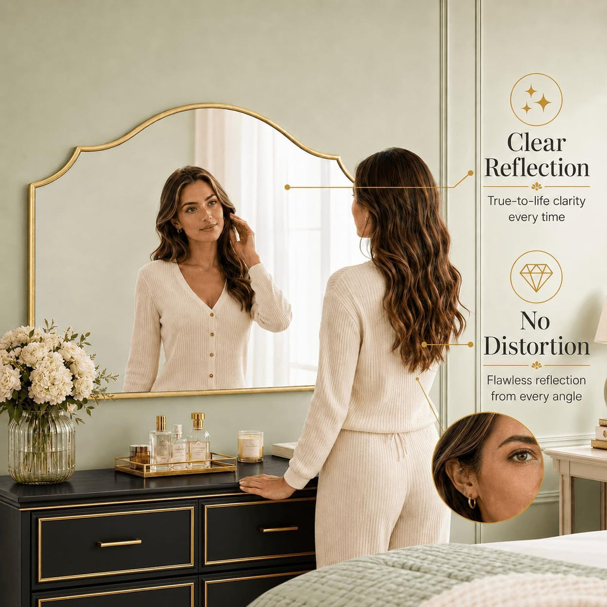 40"x29" Large Arched Gold Wall Mirror,Scalloped Edge Modern Bathroom Mirror