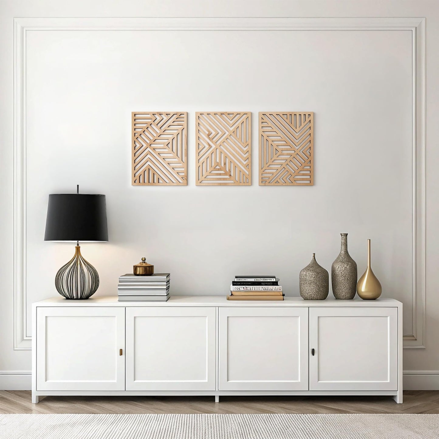 qmmp Modern Wooden Wall Sculptures - Set of 3 - Home Decor Accent - Large Wall Art for Living Room, Bedroom, Office - Easy Installation (Walnut, Medium - Mountain and Sun)