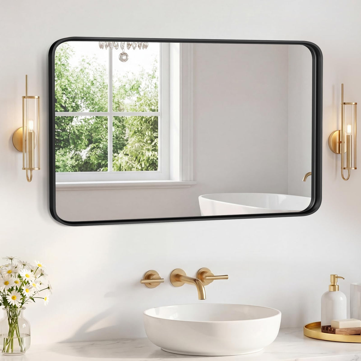 NEWBULIG 20X30 Inch Arched Bathroom Wall Mirror for Over Sink, Gold