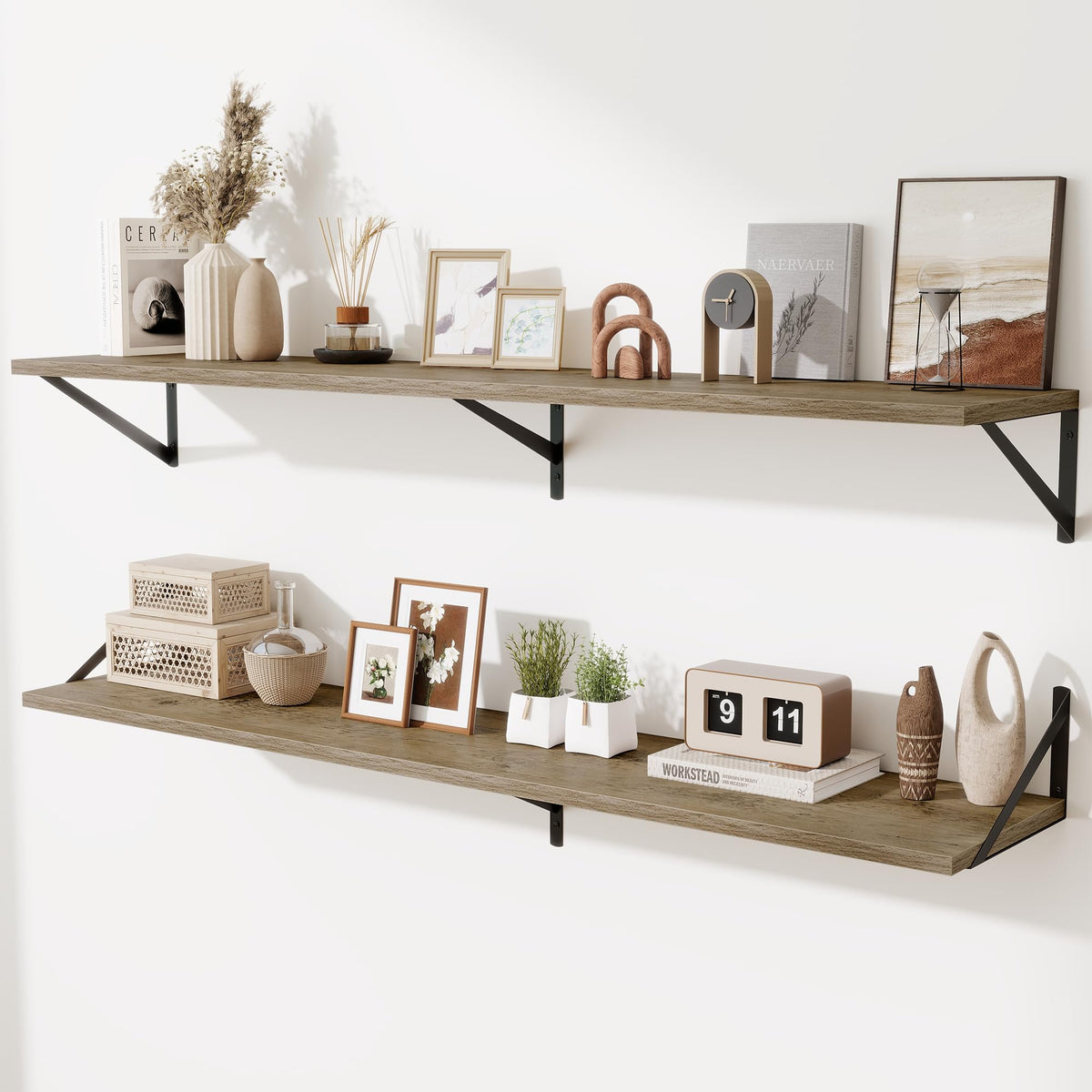 Acovy Deep Floating Shelves Wall Mounted, 36"x12" Brown Wood Shelves with Brackets Set of 2 for Bedroom, Living Room, Bathroom, Kitchen, Office - Storage & Display Shelf for Decor, Books, Plants