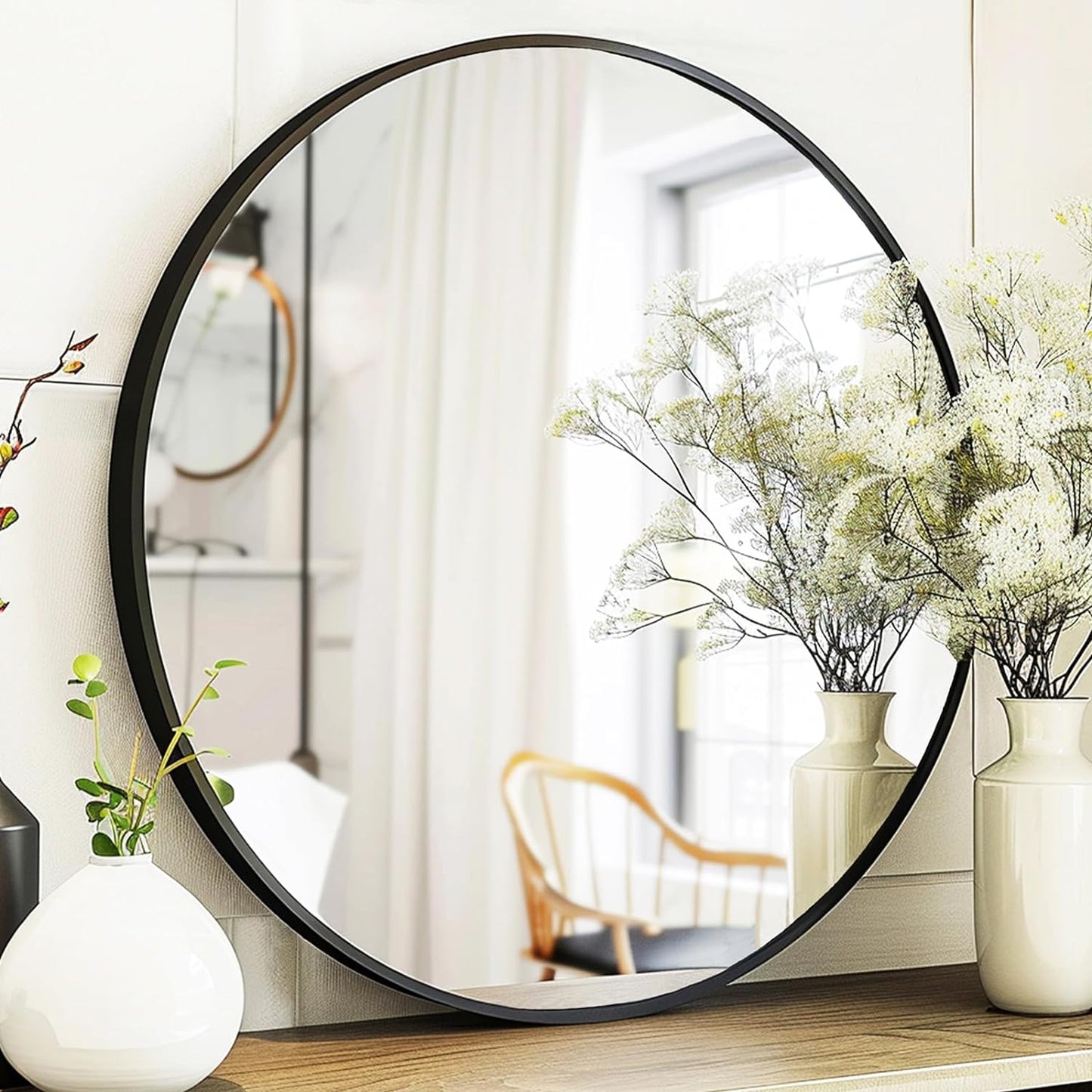 Sunniry Black Round Mirror, Round Mirror 24 inch, Matte Black Metal Frame