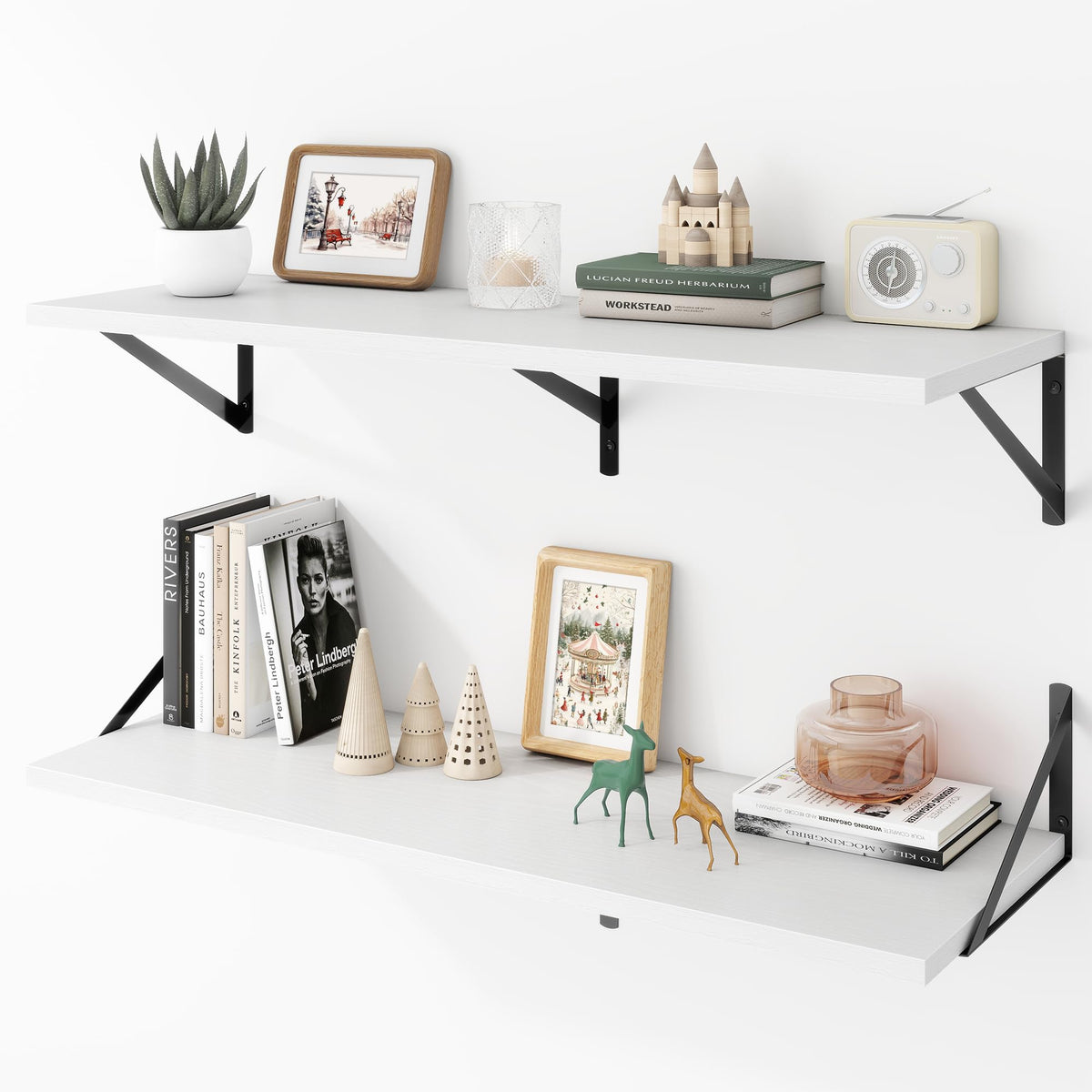 Acovy Deep Floating Shelves Wall Mounted, 36"x12" Brown Wood Shelves with Brackets Set of 2 for Bedroom, Living Room, Bathroom, Kitchen, Office - Storage & Display Shelf for Decor, Books, Plants