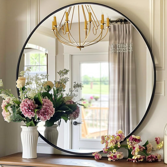 Round Mirror 30 inch, Circle Black Mirror, Matte Black Metal Frame