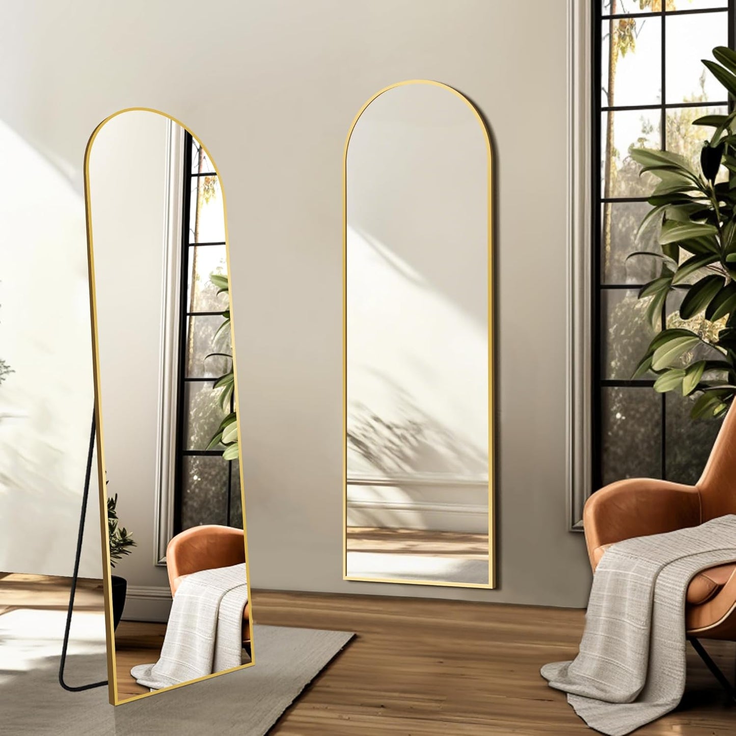 Arched Full Length Mirror, 56"x15" Standing Body Mirror for Wall, Gold